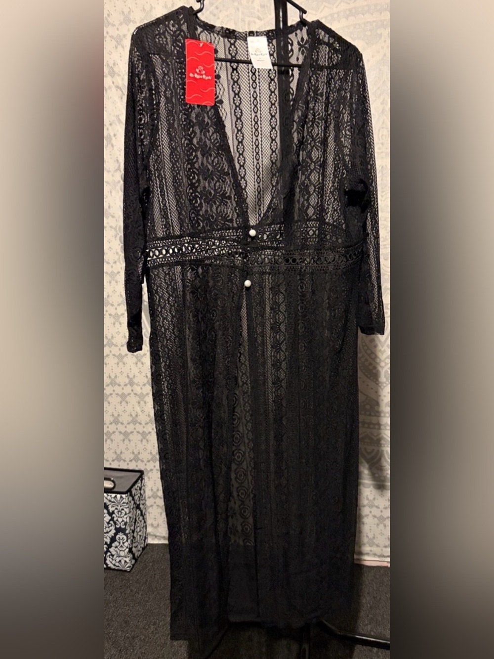 NWT As Rose Rich Black Lace Longline Duster Cardigan Sheer Swim Cover Up |Large